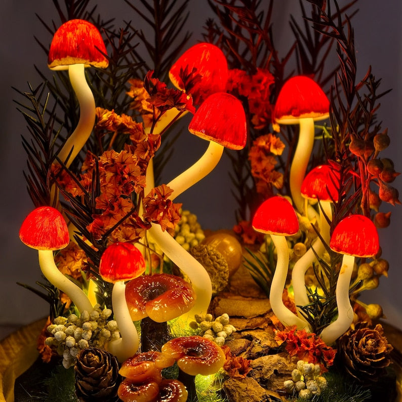 Ganoderma Lucidum Mushroom Lamp LED Night Light with Natural Moss Battery or USB Powered for Bedroom Decor