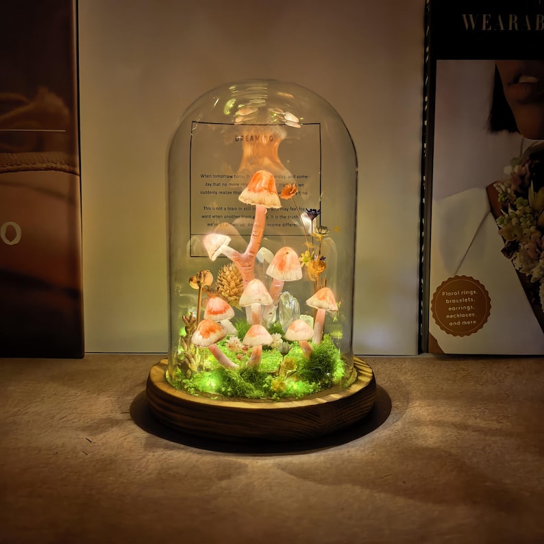 Mushroom Glass Dome Lamp with Crystals, Handmade LED Night Light, Wood Glass Clay Decorative Table Lamp for Bedroom Home Decor