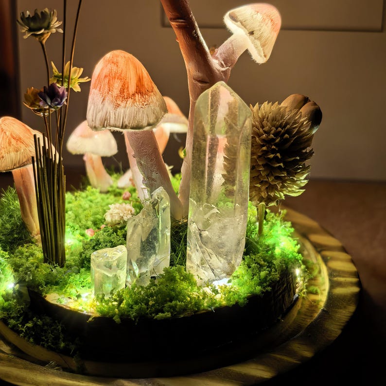 Mushroom Glass Dome Lamp with Crystals, Handmade LED Night Light, Wood Glass Clay Decorative Table Lamp for Bedroom Home Decor
