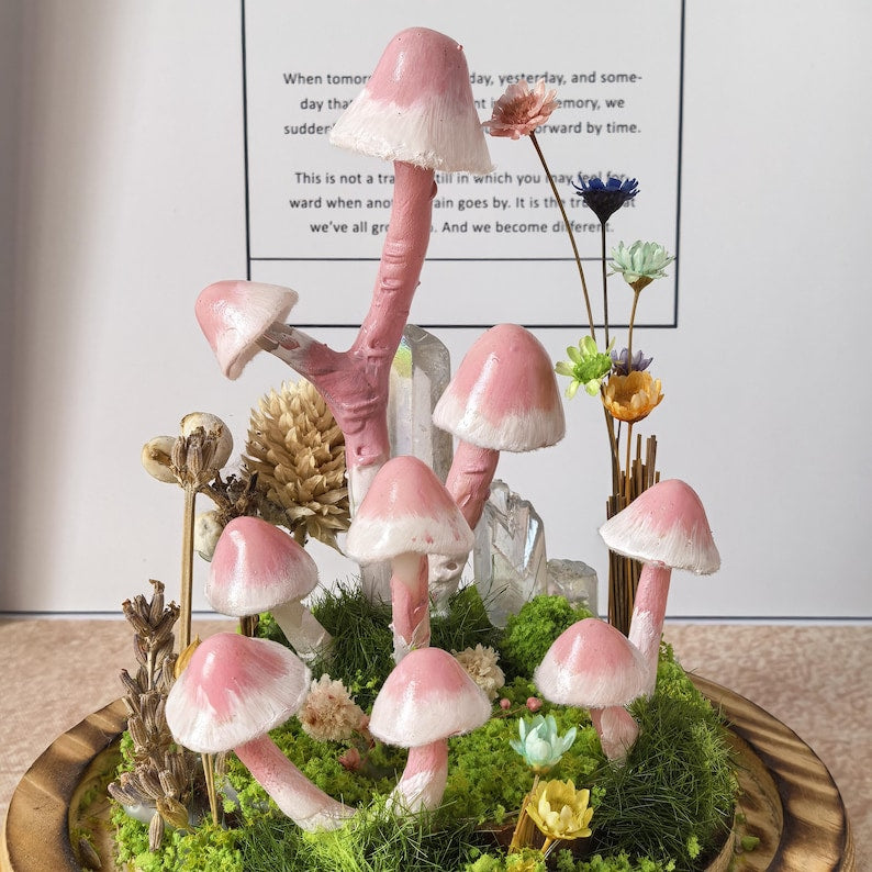 Mushroom Glass Dome Lamp with Crystals, Handmade LED Night Light, Wood Glass Clay Decorative Table Lamp for Bedroom Home Decor
