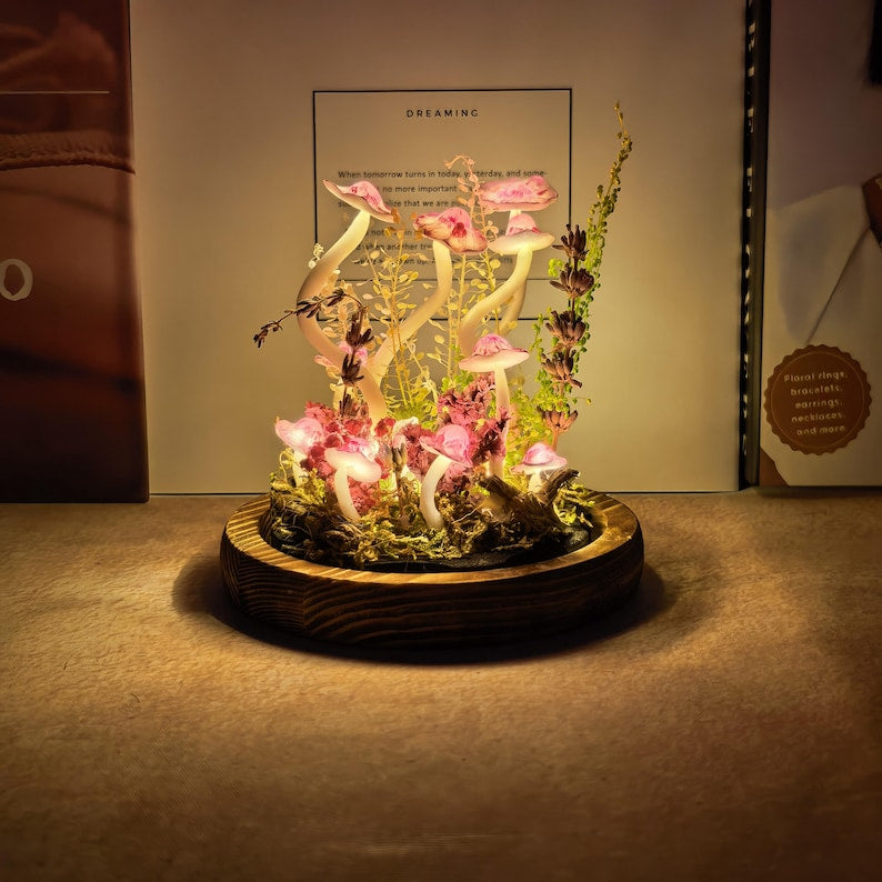 Pink Handmade Mushroom Lamp, Glass Dome Night Light with Crystal Mushrooms, Wood Base, Battery or USB Powered
