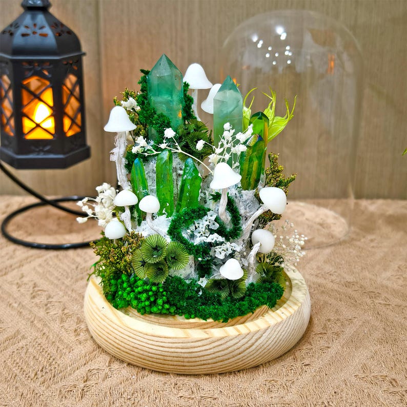 Green Crystal Mushroom Lamp LED Night Light Handmade Moss Decor Wood Base Glass Dome 4.7in