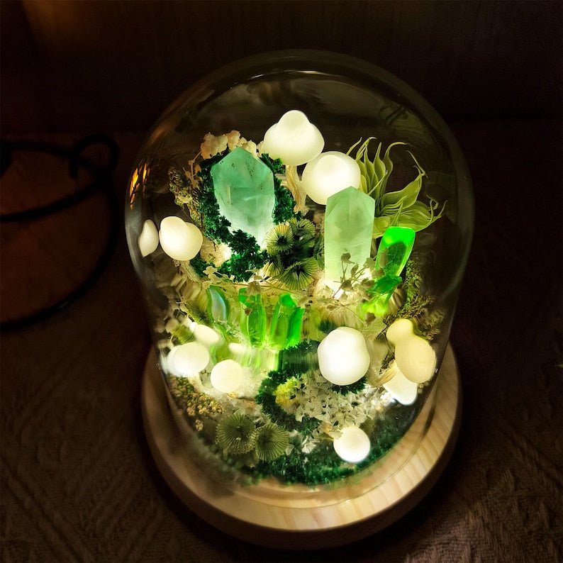 Green Crystal Mushroom Lamp LED Night Light Handmade Moss Decor Wood Base Glass Dome 4.7in