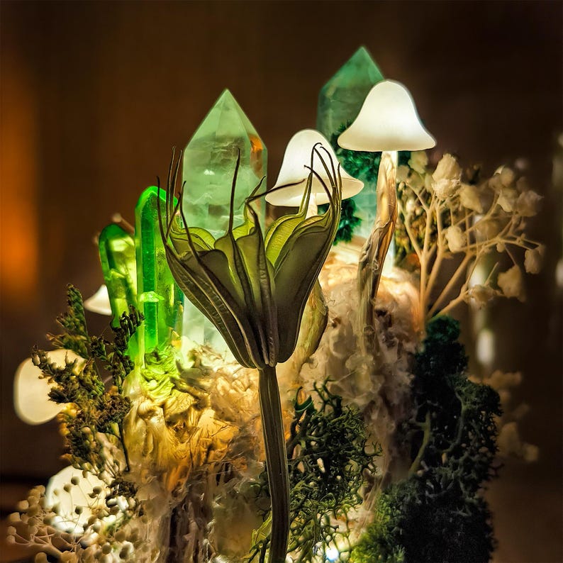 Green Crystal Mushroom Lamp LED Night Light Handmade Moss Decor Wood Base Glass Dome 4.7in