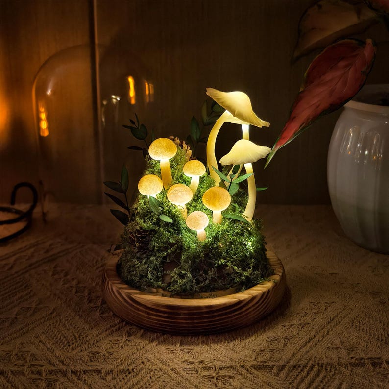 LED Mushroom Lamp Glass Dome Wooden Base Battery or USB Powered 12cm Diameter 17.5cm Height