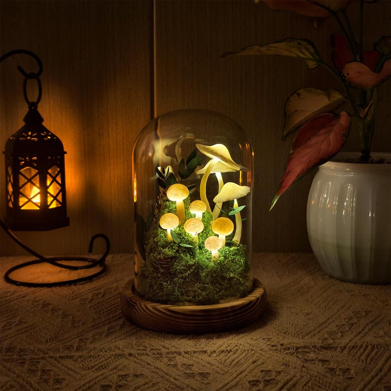 LED Mushroom Lamp Glass Dome Wooden Base Battery or USB Powered 12cm Diameter 17.5cm Height