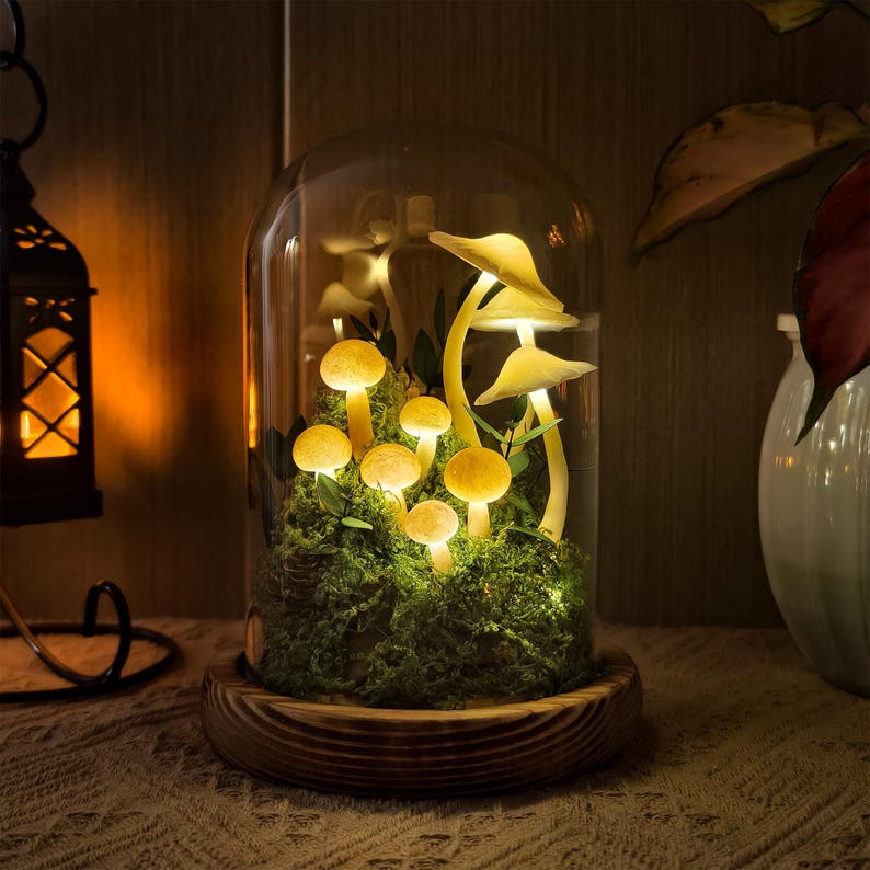 LED Mushroom Lamp Glass Dome Wooden Base Battery or USB Powered 12cm Diameter 17.5cm Height