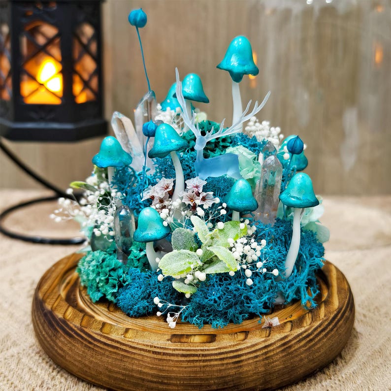 Blue Mushroom Crystal Lamp with Miniature Deer, LED Night Light, Wooden Base, 12cm Diameter, 17.5cm Height