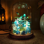 Blue Mushroom Crystal Lamp with Miniature Deer, LED Night Light, Wooden Base, 12cm Diameter, 17.5cm Height
