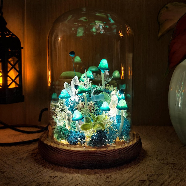 Blue Mushroom Crystal Lamp with Miniature Deer, LED Night Light, Wooden Base, 12cm Diameter, 17.5cm Height