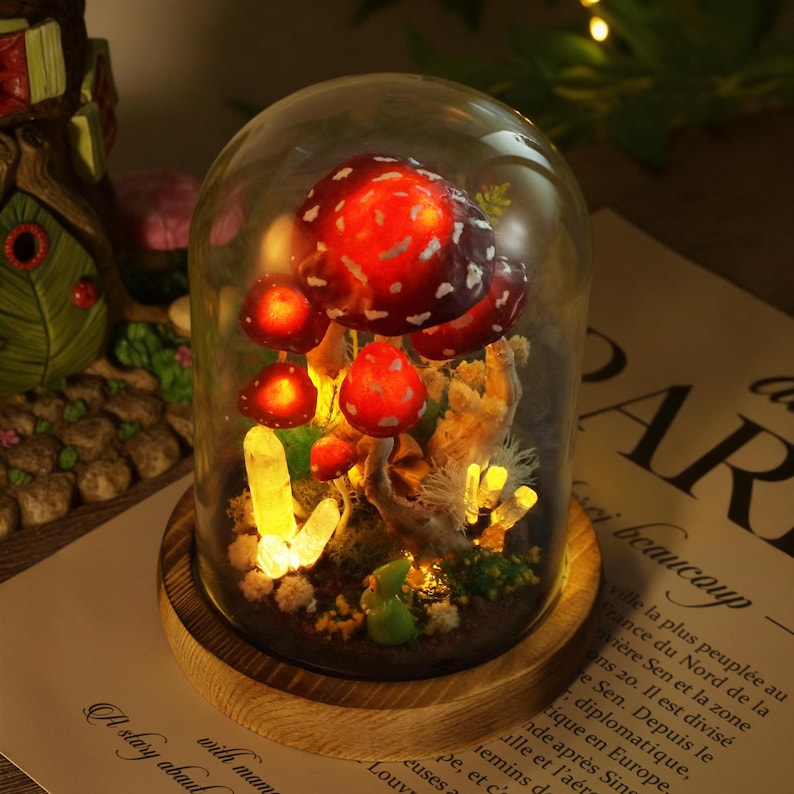 Red Mushroom LED Night Light with White Dots, Clear Quartz Crystals, and Gnome Figurine, Battery or USB Powered