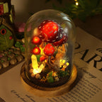 Red Mushroom LED Night Light with White Dots, Clear Quartz Crystals, and Gnome Figurine, Battery or USB Powered