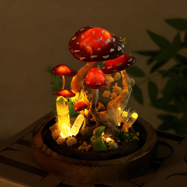 Red Mushroom LED Night Light with White Dots, Clear Quartz Crystals, and Gnome Figurine, Battery or USB Powered