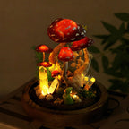 Red Mushroom LED Night Light with White Dots, Clear Quartz Crystals, and Gnome Figurine, Battery or USB Powered