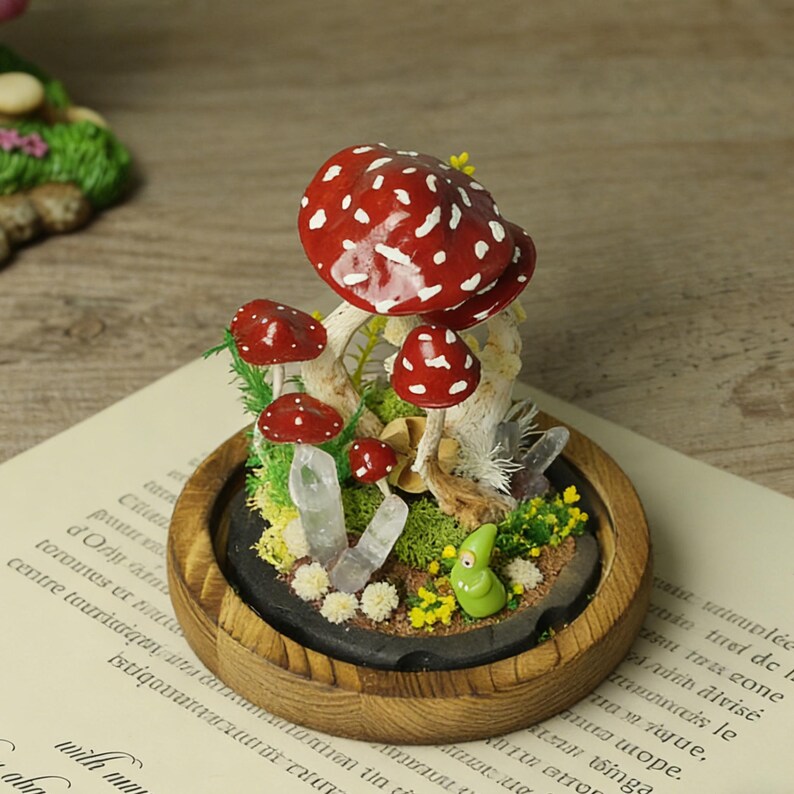 Red Mushroom LED Night Light with White Dots, Clear Quartz Crystals, and Gnome Figurine, Battery or USB Powered