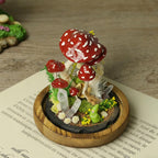 Red Mushroom LED Night Light with White Dots, Clear Quartz Crystals, and Gnome Figurine, Battery or USB Powered