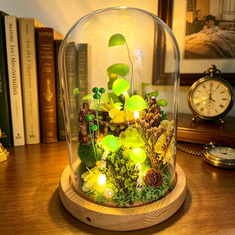Green Mushroom Lamp with Preserved Hydrangeas, Moss & Wood Base, LED Fairycore Night Light, 16 cm Glass Dome