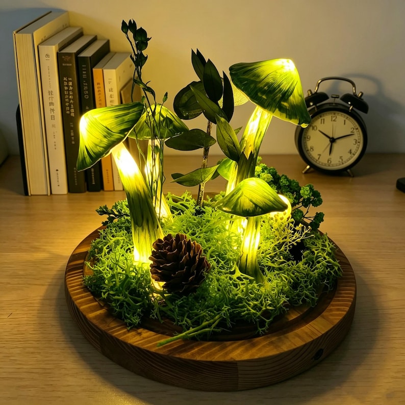 Dark Green Mushroom Night Light with Preserved Moss in Glass Dome, Wooden Base, LED Lamp