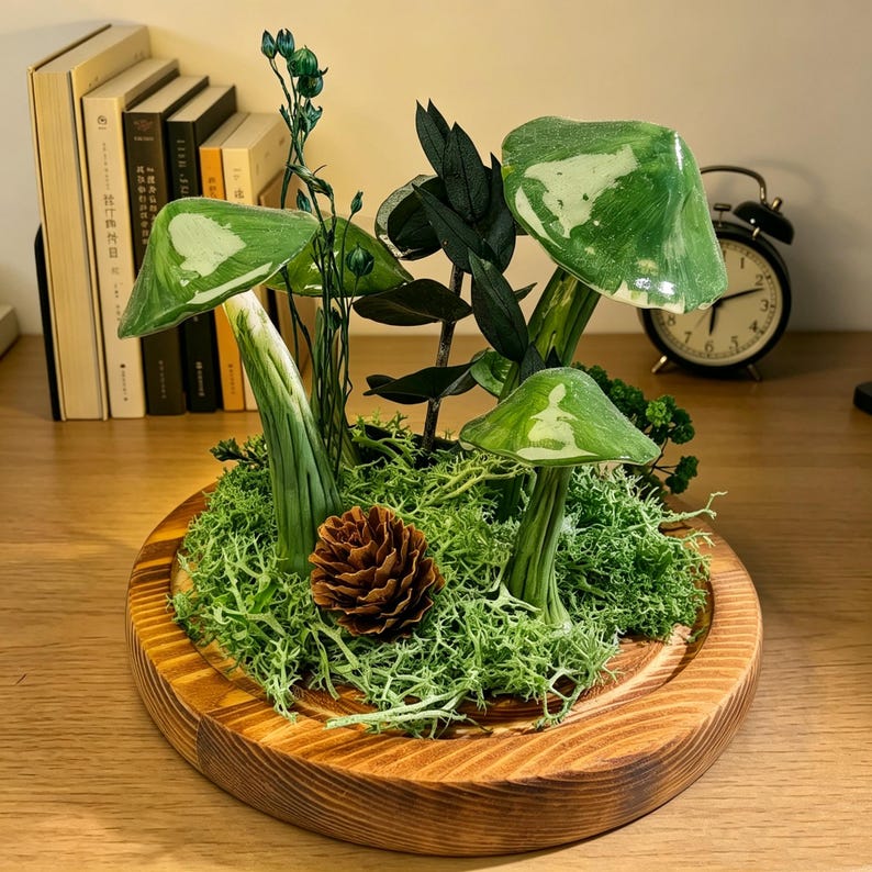 Dark Green Mushroom Night Light with Preserved Moss in Glass Dome, Wooden Base, LED Lamp