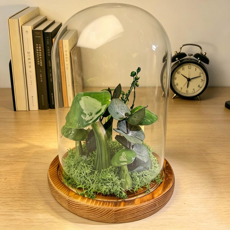 Dark Green Mushroom Night Light with Preserved Moss in Glass Dome, Wooden Base, LED Lamp