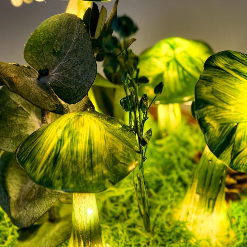 Dark Green Mushroom Night Light with Preserved Moss in Glass Dome, Wooden Base, LED Lamp