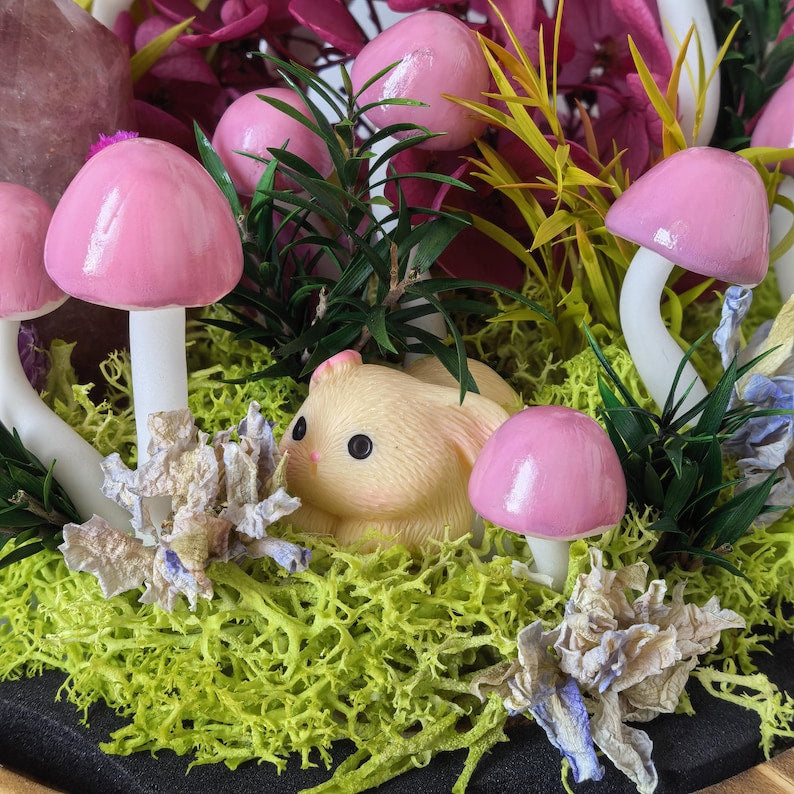Pink Crystal Mushroom Lamp in Glass Dome with Warm LED Light, Handmade Wood Base, Battery or USB Powered, Bedroom Decor