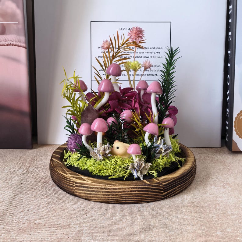 Pink Crystal Mushroom Lamp in Glass Dome with Warm LED Light, Handmade Wood Base, Battery or USB Powered, Bedroom Decor