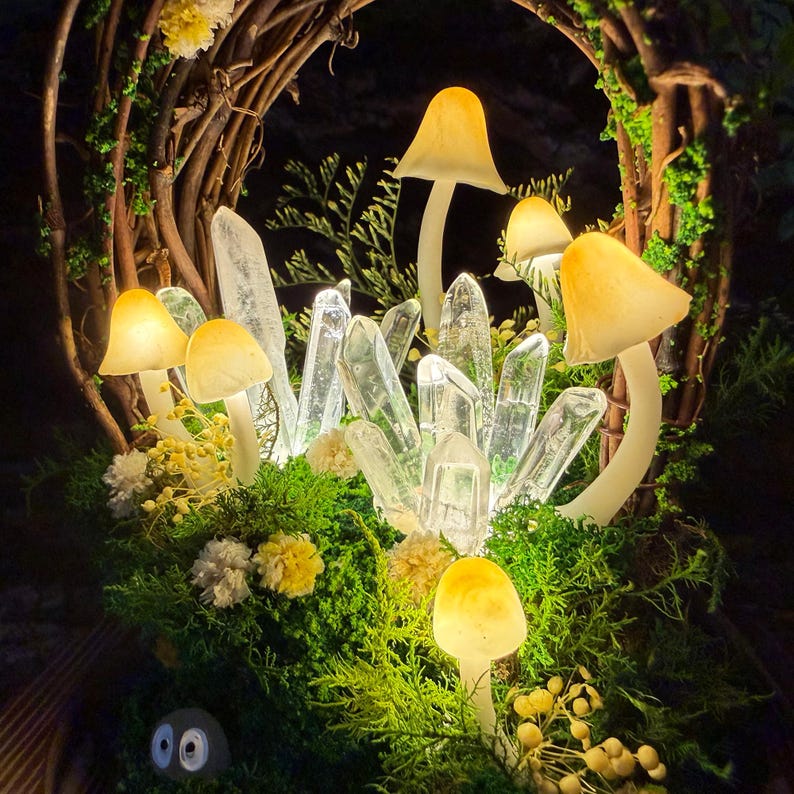 Yellow Mushroom Lamp with Glowing Crystal Cluster, Handmade LED Night Light, Wooden Base & Glass Dome, Standard and Large Sizes