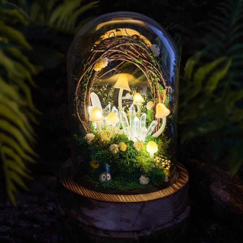Yellow Mushroom Lamp with Glowing Crystal Cluster, Handmade LED Night Light, Wooden Base & Glass Dome, Standard and Large Sizes