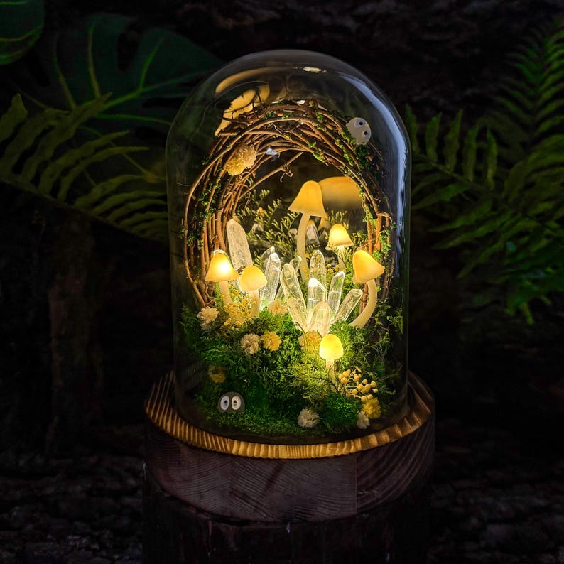 Yellow Mushroom Lamp with Glowing Crystal Cluster, Handmade LED Night Light, Wooden Base & Glass Dome, Standard and Large Sizes