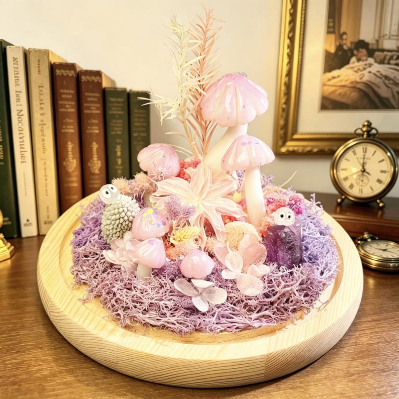 Pink Mushroom Glass Dome Lamp LED Night Light Wooden Base USB or Battery