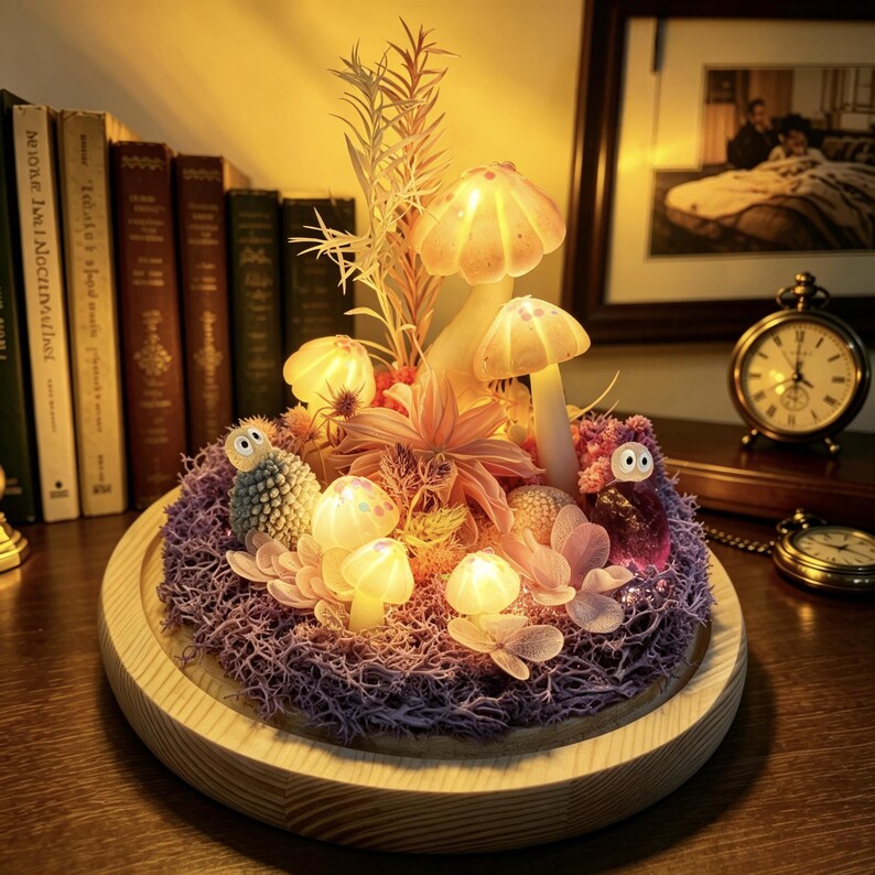 Pink Mushroom Glass Dome Lamp LED Night Light Wooden Base USB or Battery