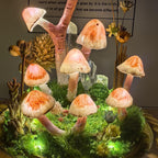 Mushroom Glass Dome Lamp with Crystals, Handmade LED Night Light, Wood Glass Clay Decorative Table Lamp for Bedroom Home Decor