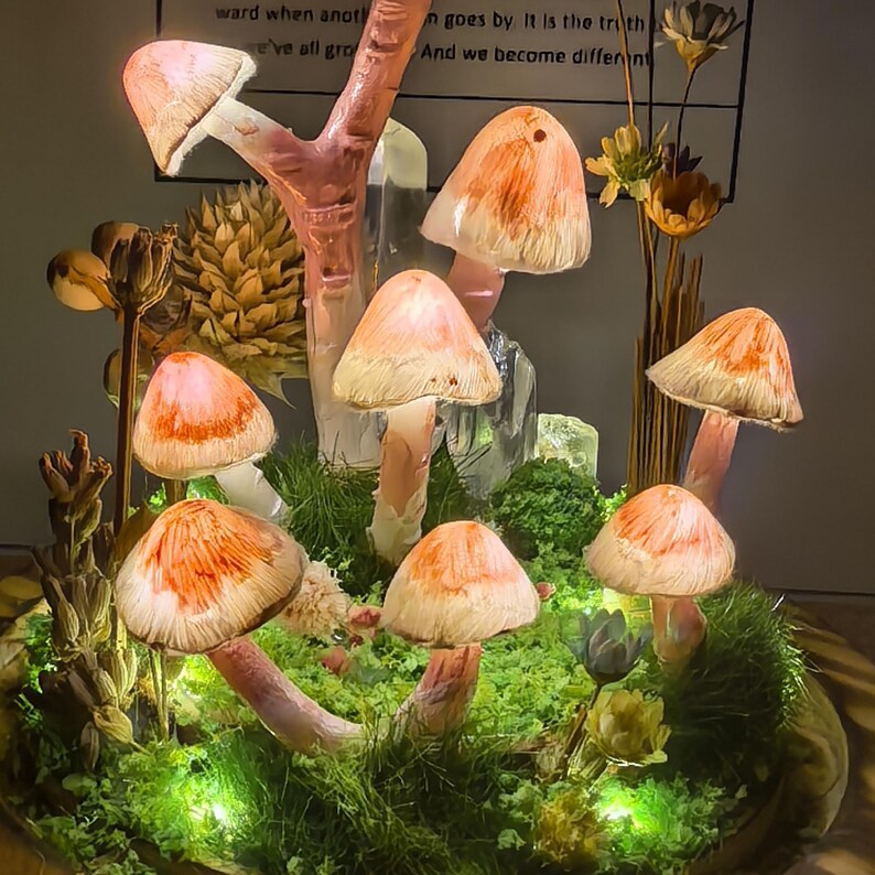 Mushroom Glass Dome Lamp with Crystals, Handmade LED Night Light, Wood Glass Clay Decorative Table Lamp for Bedroom Home Decor
