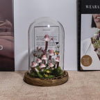 Mushroom Glass Dome Lamp with Crystals, Handmade LED Night Light, Wood Glass Clay Decorative Table Lamp for Bedroom Home Decor
