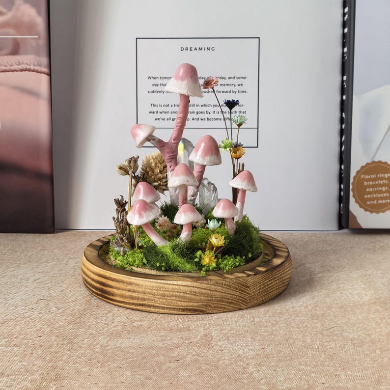 Mushroom Glass Dome Lamp with Crystals, Handmade LED Night Light, Wood Glass Clay Decorative Table Lamp for Bedroom Home Decor