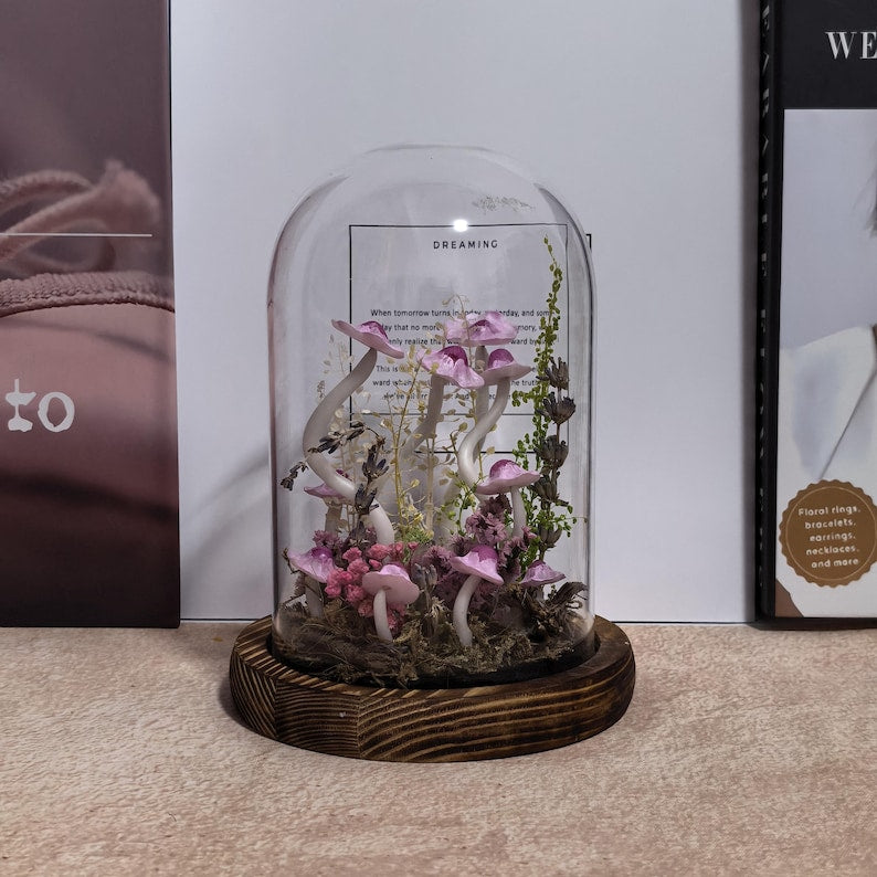 Pink Handmade Mushroom Lamp, Glass Dome Night Light with Crystal Mushrooms, Wood Base, Battery or USB Powered