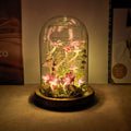 Pink Handmade Mushroom Lamp, Glass Dome Night Light with Crystal Mushrooms, Wood Base, Battery or USB Powered