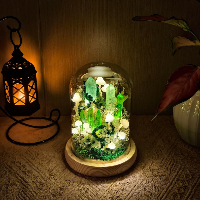 Green Crystal Mushroom Lamp LED Night Light Handmade Moss Decor Wood Base Glass Dome 4.7in