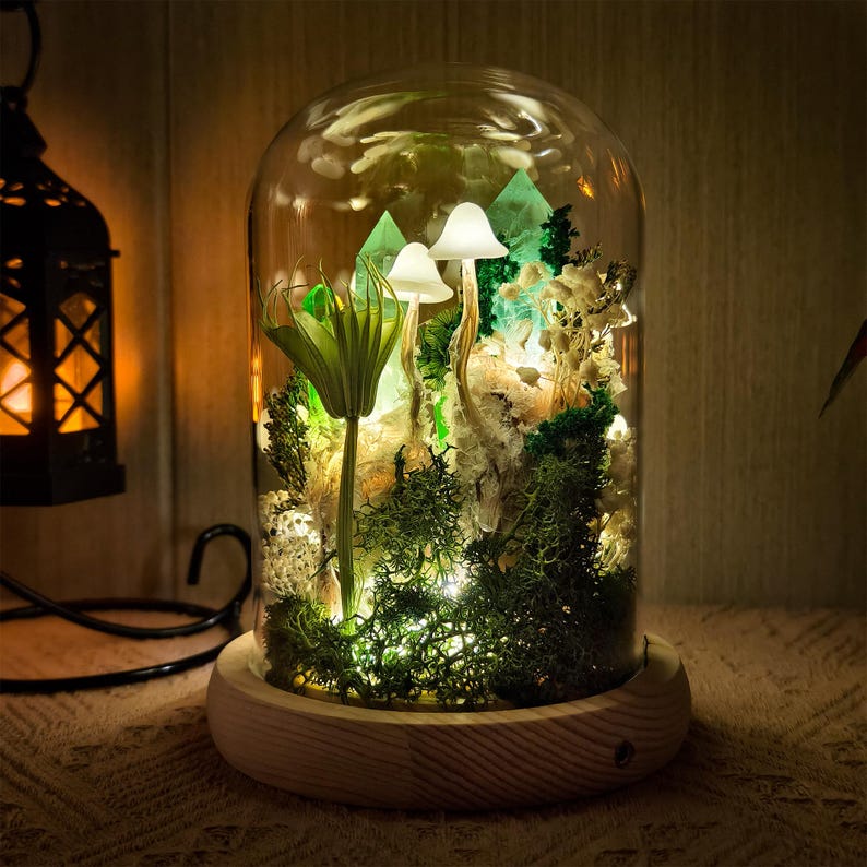 Green Crystal Mushroom Lamp LED Night Light Handmade Moss Decor Wood Base Glass Dome 4.7in