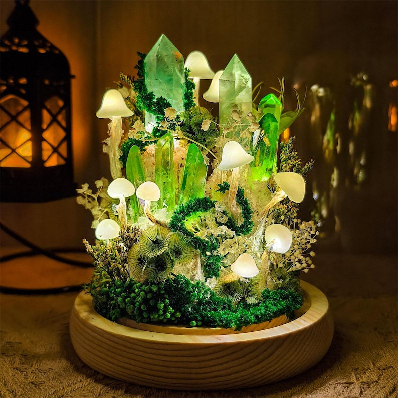 Green Crystal Mushroom Lamp LED Night Light Handmade Moss Decor Wood Base Glass Dome 4.7in