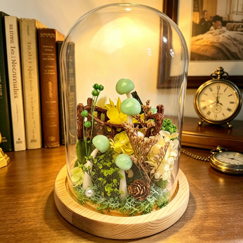 Green Mushroom Lamp with Preserved Hydrangeas, Moss & Wood Base, LED Fairycore Night Light, 16 cm Glass Dome