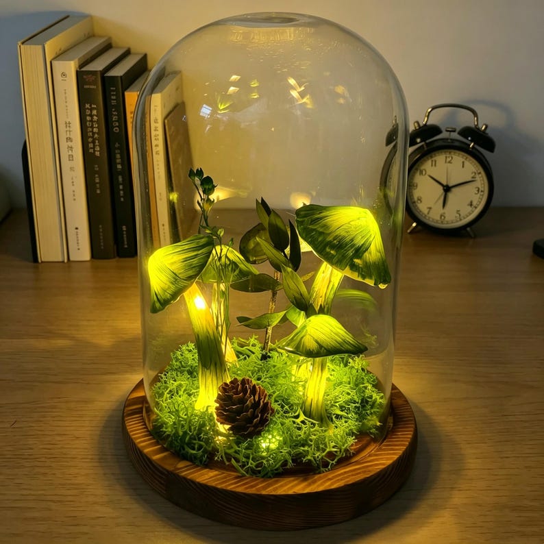 Dark Green Mushroom Night Light with Preserved Moss in Glass Dome, Wooden Base, LED Lamp