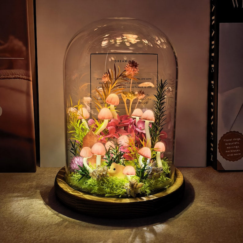Pink Crystal Mushroom Lamp in Glass Dome with Warm LED Light, Handmade Wood Base, Battery or USB Powered, Bedroom Decor