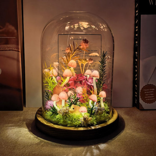 Pink Crystal Mushroom Lamp in Glass Dome with Warm LED Light, Handmade Wood Base, Battery or USB Powered, Bedroom Decor