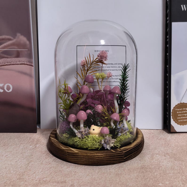 Pink Crystal Mushroom Lamp in Glass Dome with Warm LED Light, Handmade Wood Base, Battery or USB Powered, Bedroom Decor