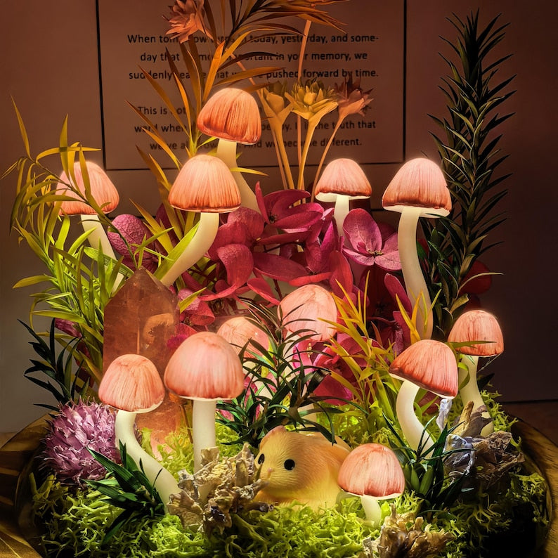Pink Crystal Mushroom Lamp in Glass Dome with Warm LED Light, Handmade Wood Base, Battery or USB Powered, Bedroom Decor