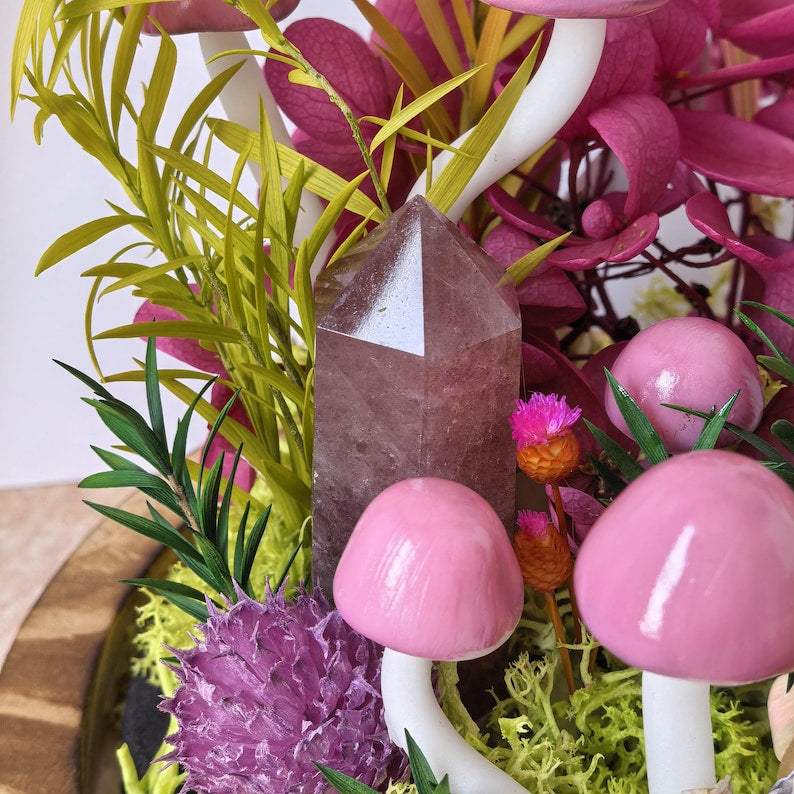 Pink Crystal Mushroom Lamp in Glass Dome with Warm LED Light, Handmade Wood Base, Battery or USB Powered, Bedroom Decor