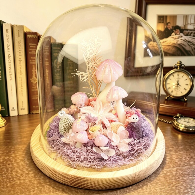 Pink Mushroom Glass Dome Lamp LED Night Light Wooden Base USB or Battery