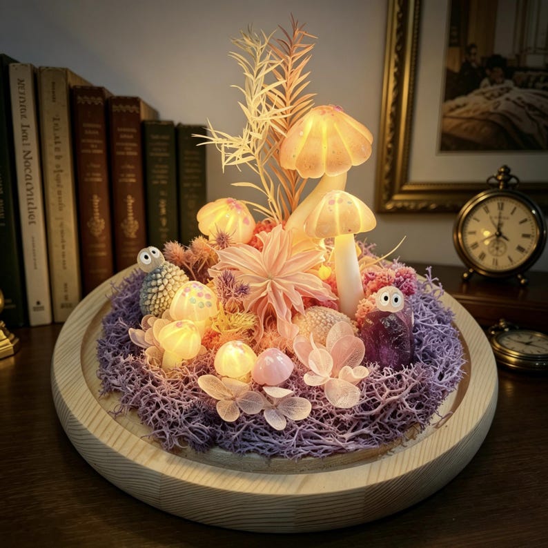 Pink Mushroom Glass Dome Lamp LED Night Light Wooden Base USB or Battery